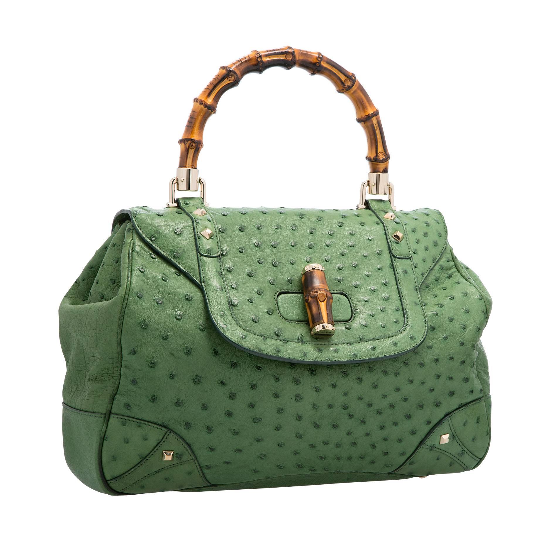 Gucci Green Ostrich Bamboo Top Handle Bag For Sale