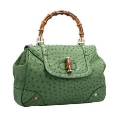 Gucci Green Ostrich Bamboo Top Handle Bag