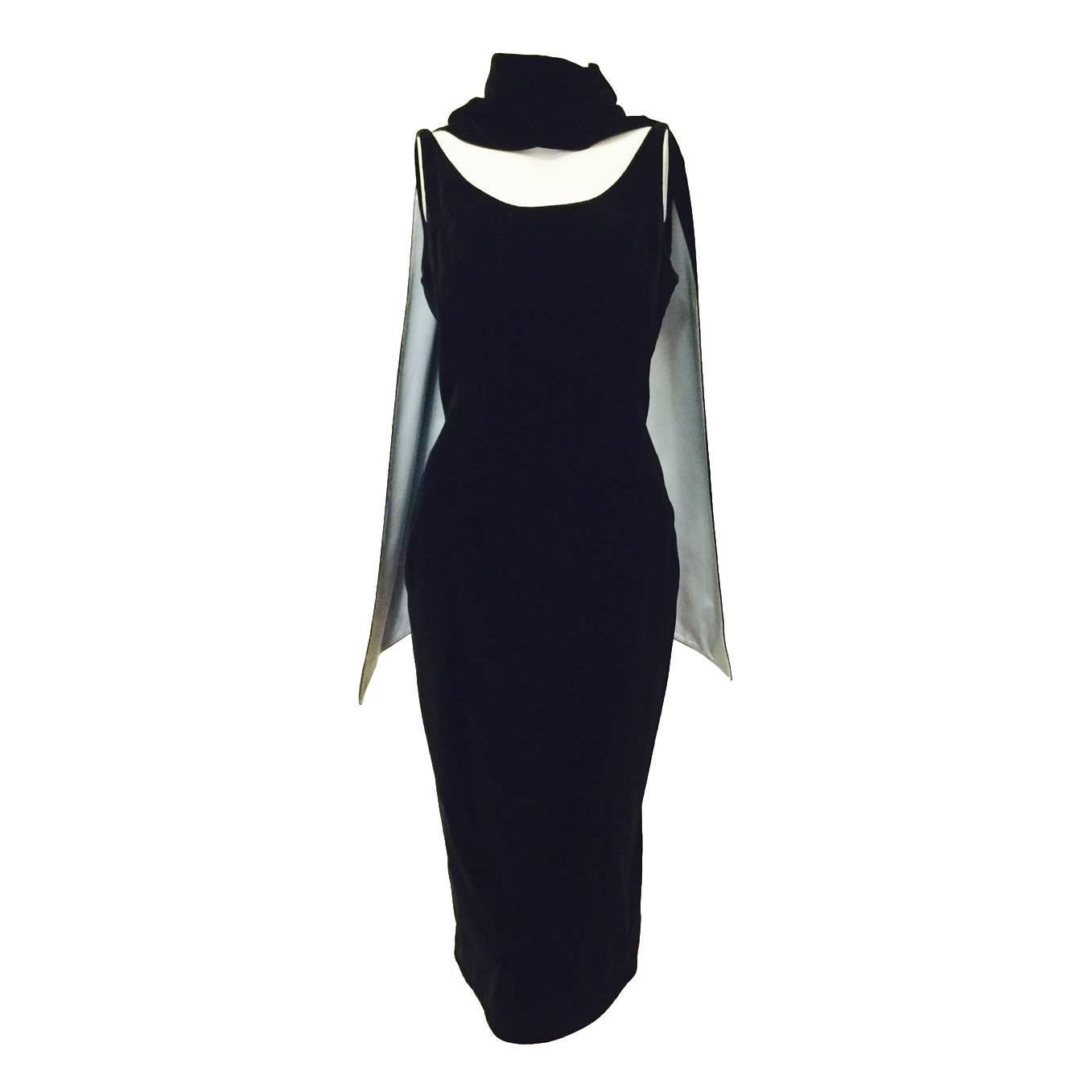 Vintage Thierry Mugler Black Velvet Sleeveless Shift With Matching Scarf