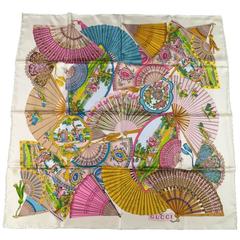 GUCCI Beige Silk Multi Color Fans Scarves