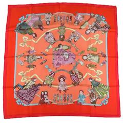 HERMES Vibrant Orange Salmon -Hello Dolly- by Loic Dubigeon 1990 Silk Scarve