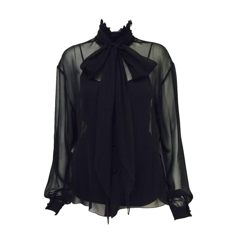 New Chanel Spring 2001 Black Sheer Silk Blouse With Knit Spaghetti ...