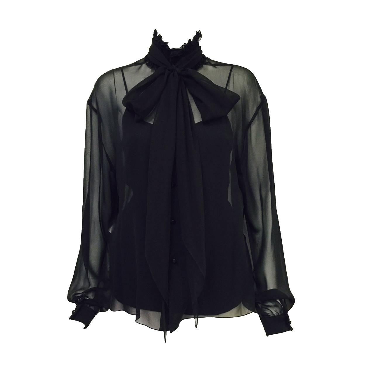 New Chanel Spring 2001 Black Sheer Silk Blouse With Knit Spaghetti Strap Tank  For Sale
