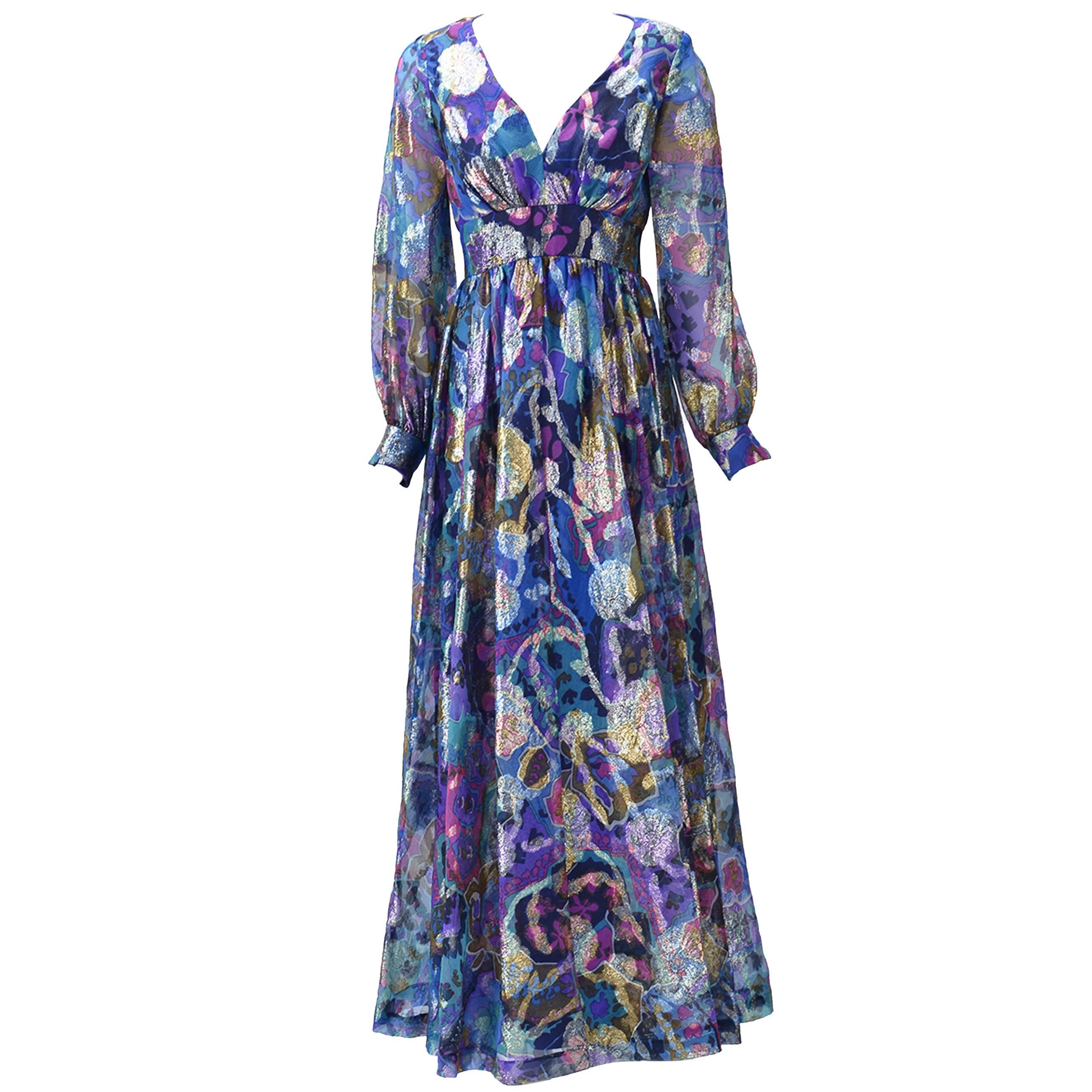 1970s Oscar de la Renta Abstract Floral Metallic Dress