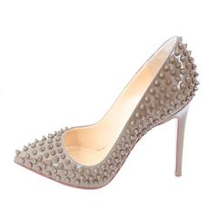 Christian Louboutin Taupe Patent Leather Studded 'Pigalle' Pumps