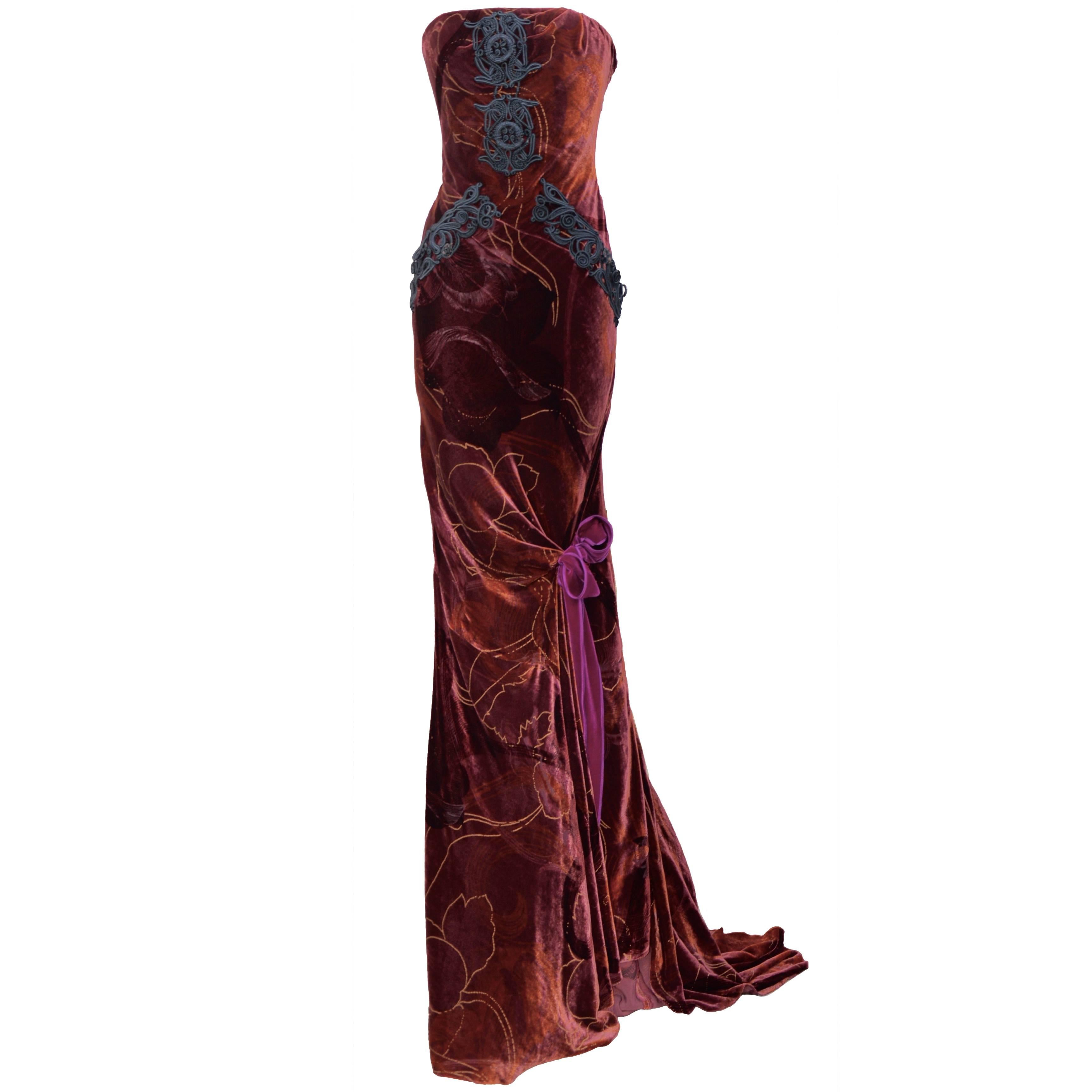 Rare Christian Lacroix Burgundy Velvet Evening Gown For Sale