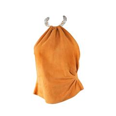 OSCAR DE LA RENTA Size 6 Orange Suede Clear Beaded Halter Dress Top