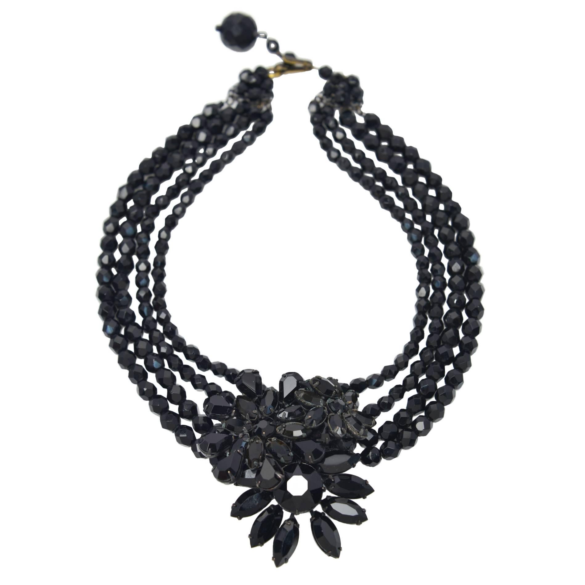 1950s Signed Miriam Haskell Black Beaded Necklace