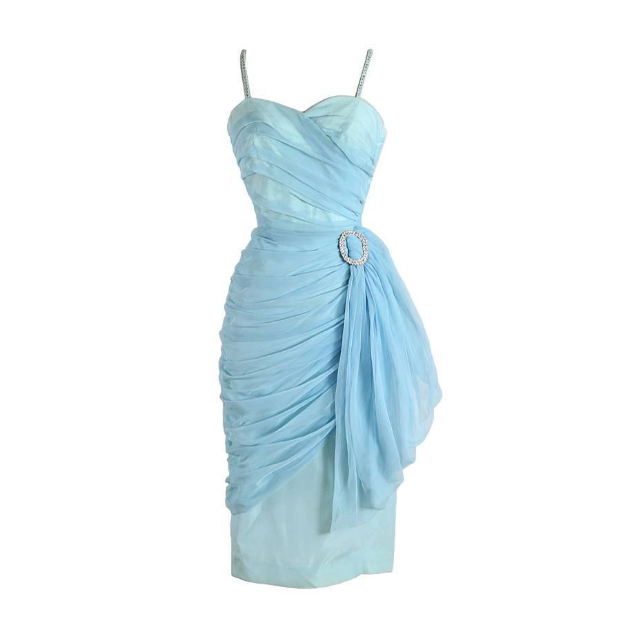 Vintage 1950s Blue Rhinestone Chiffon Dress at 1stdibs