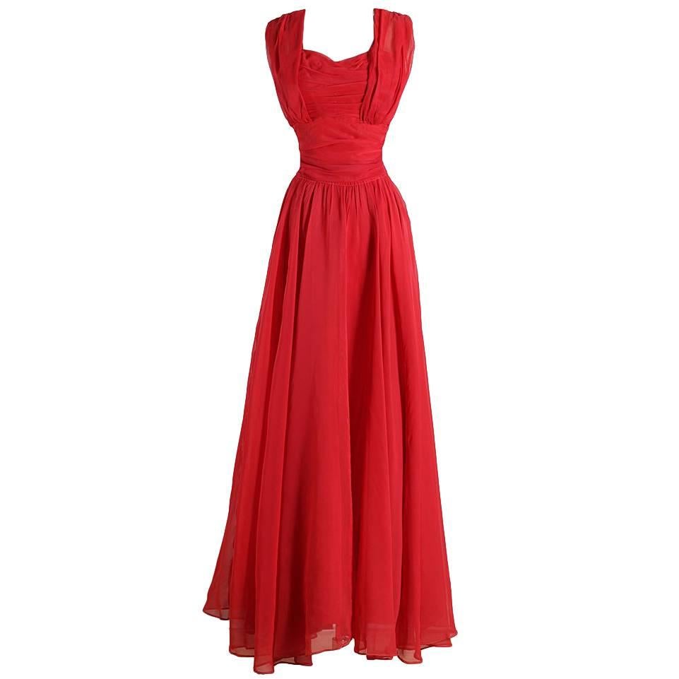 Vintage 1940s Emma Domb Red Chiffon Party Dress For Sale