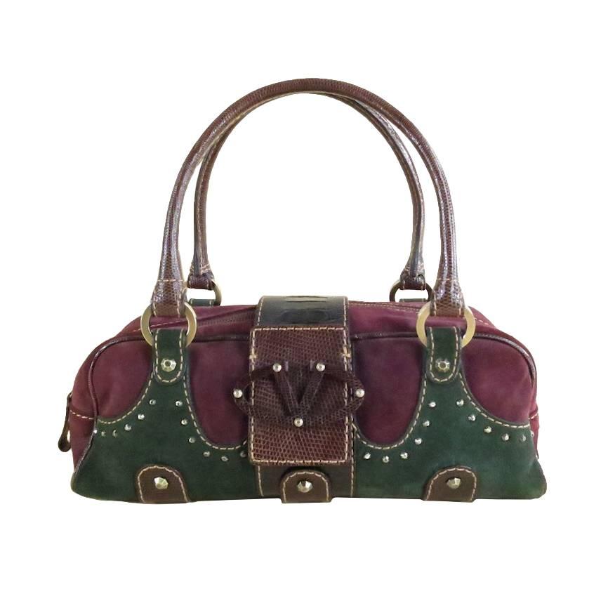 VALENTINO Burgundy & Green Suede Brown Snake  V Logo Top Handles Handbag