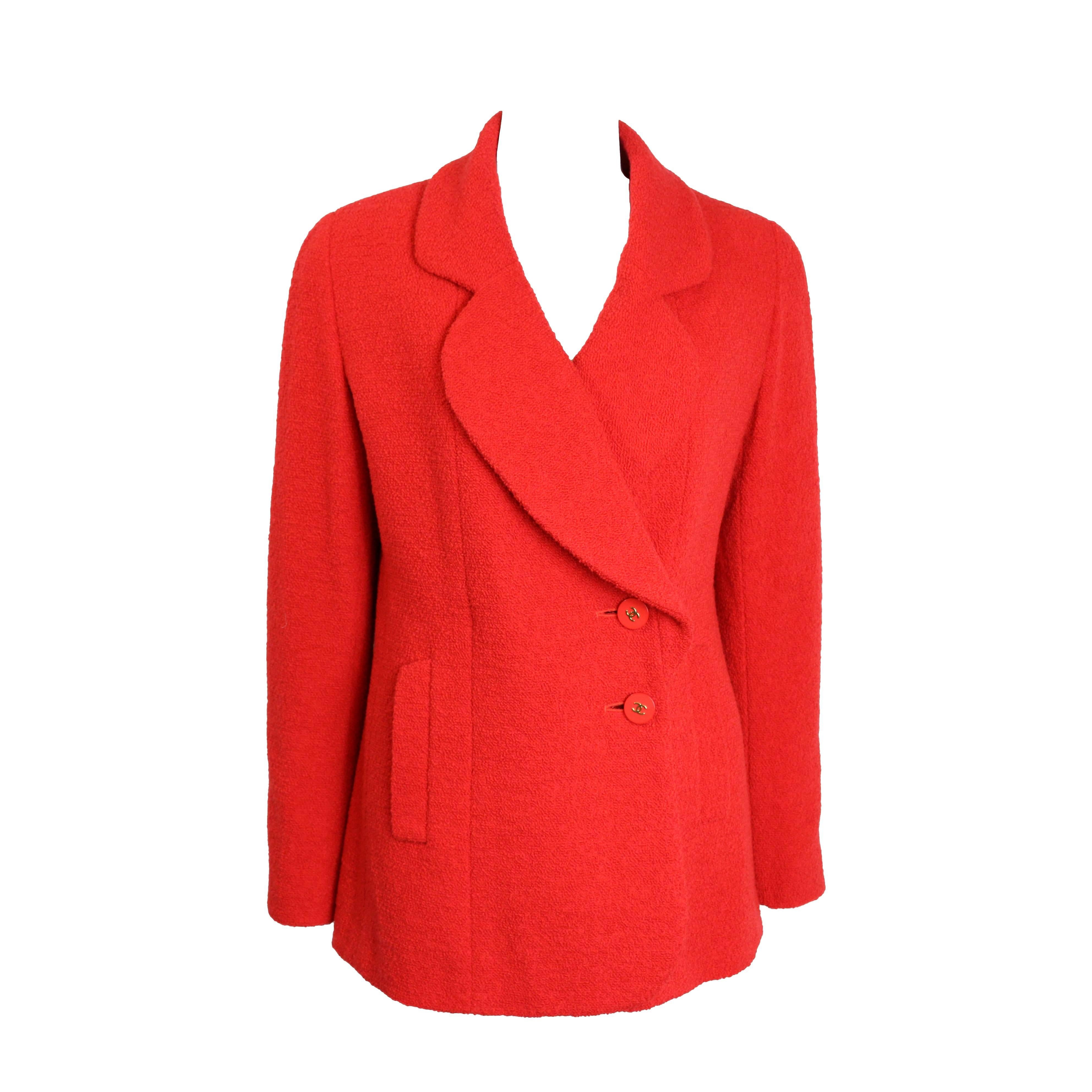 Vintage Fall 1994 Chanel Red Boucle Wool Jacket For Sale