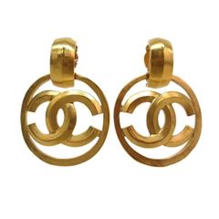 Chanel Vintage Gold Tone Interlocking CC Dangle Earrings
