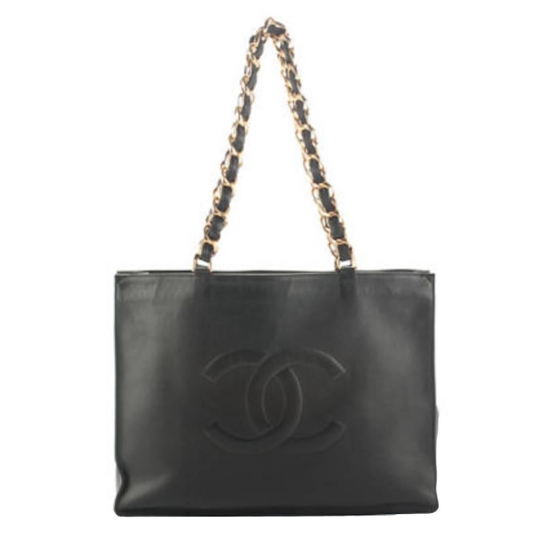 Chanel Black Lambskin Leather Gold Chain Shoulder Bag Shopper Tote
