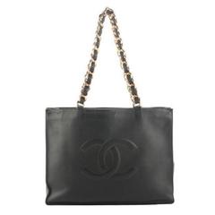Vintage Chanel Black Lambskin Leather Gold Chain Shoulder Bag Shopper Tote