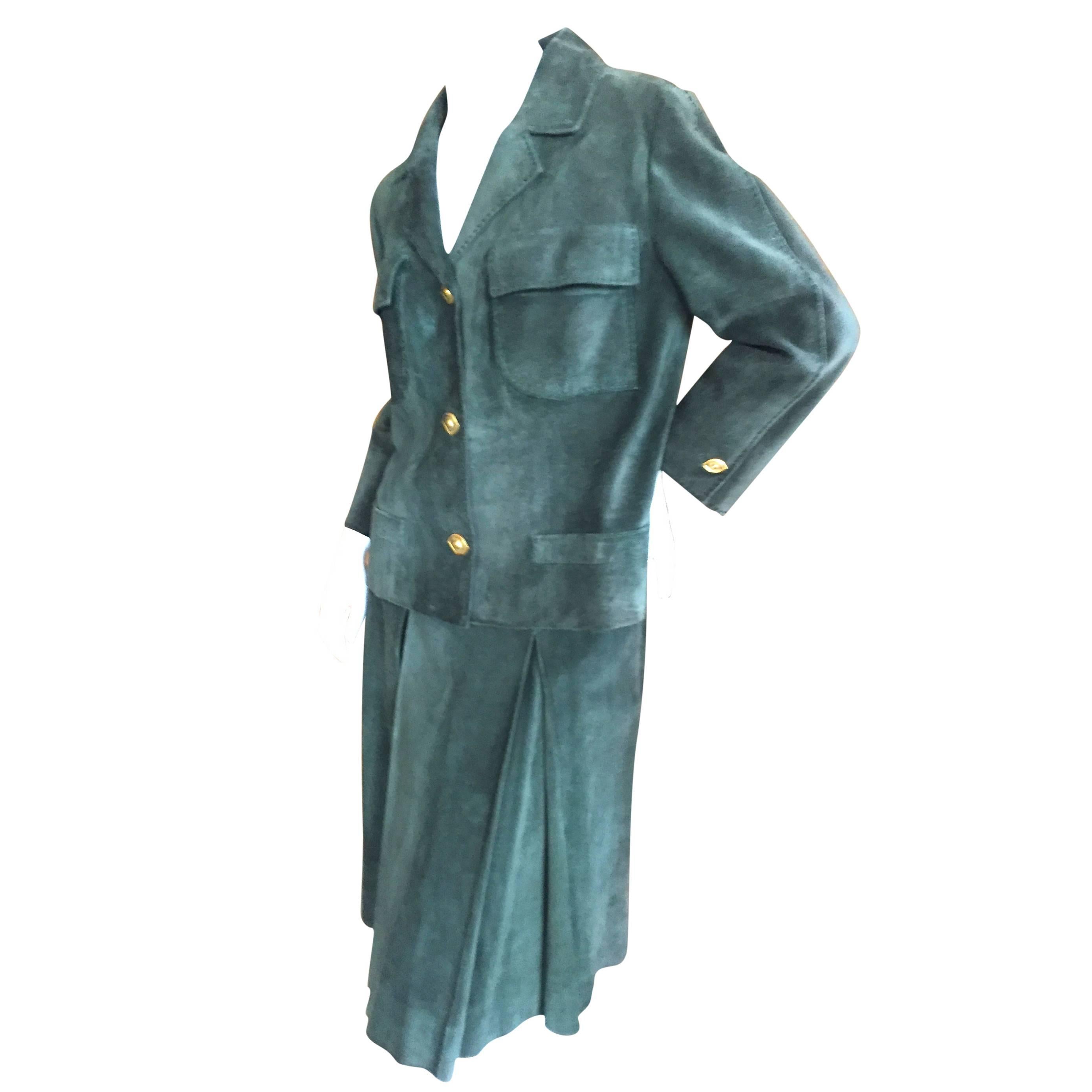Hermes Scarf Lined Green Suede Skirt Suit with"Cleopatra Eye" Buttons