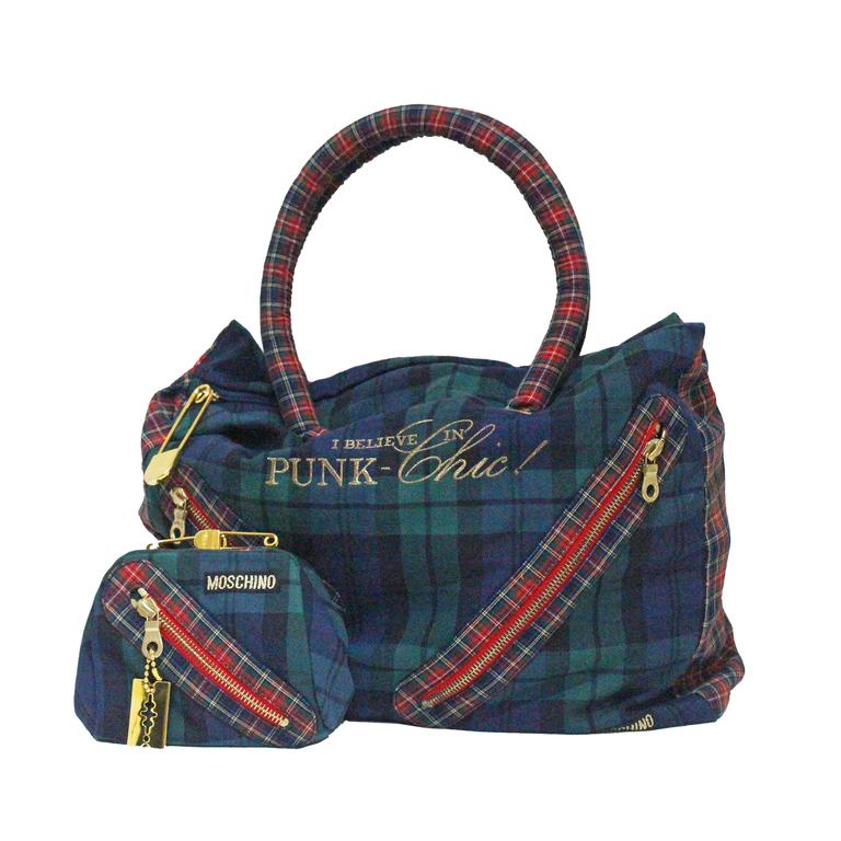 Moschino Tartan Punk Chic Large Tote Bag With Purse C 1990s For Moschino Tartan Punk Chic Large Tote Bag With Purse C 1990s For
