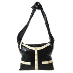 Retro Chanel Black Beige Leather Gold Hardware Girl Hobo Tie Crossbody Shoulder Bag