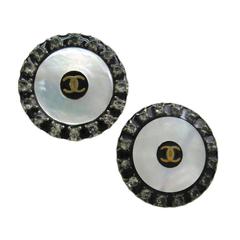 Chanel Vintage CC Round Button Black Gold Earrings