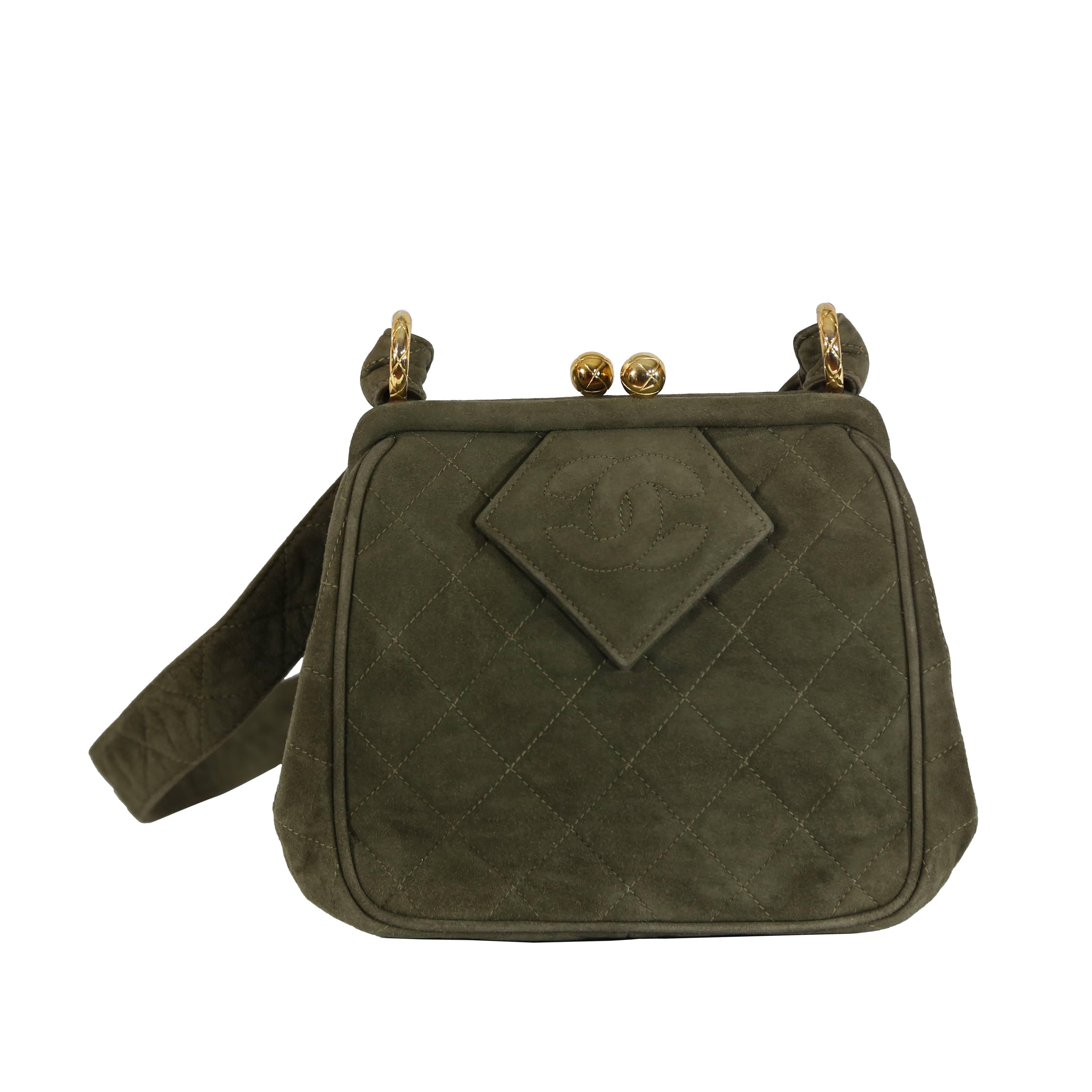 Chanel Olive Green Suede Bag with Gold Hardware