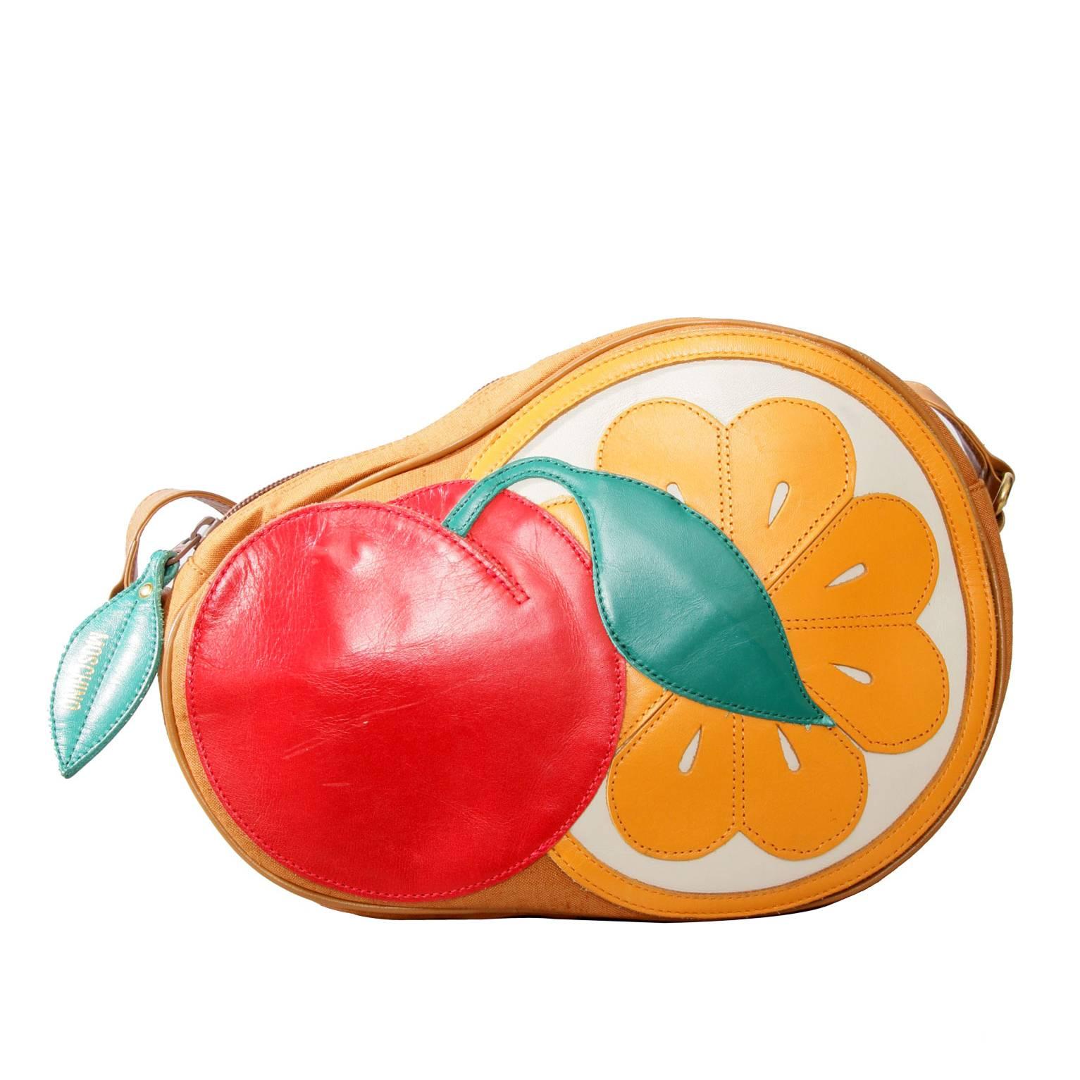 1980s Moschino Canvas Shoulder Bag W. Fruit Applique For Sale