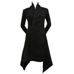 RICK OWENS jet black cashmere coat with asymmetrical hemline