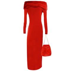 Buonuomo Red Cashmere with Red Dye Mink Neckline and Mink Evening Bag