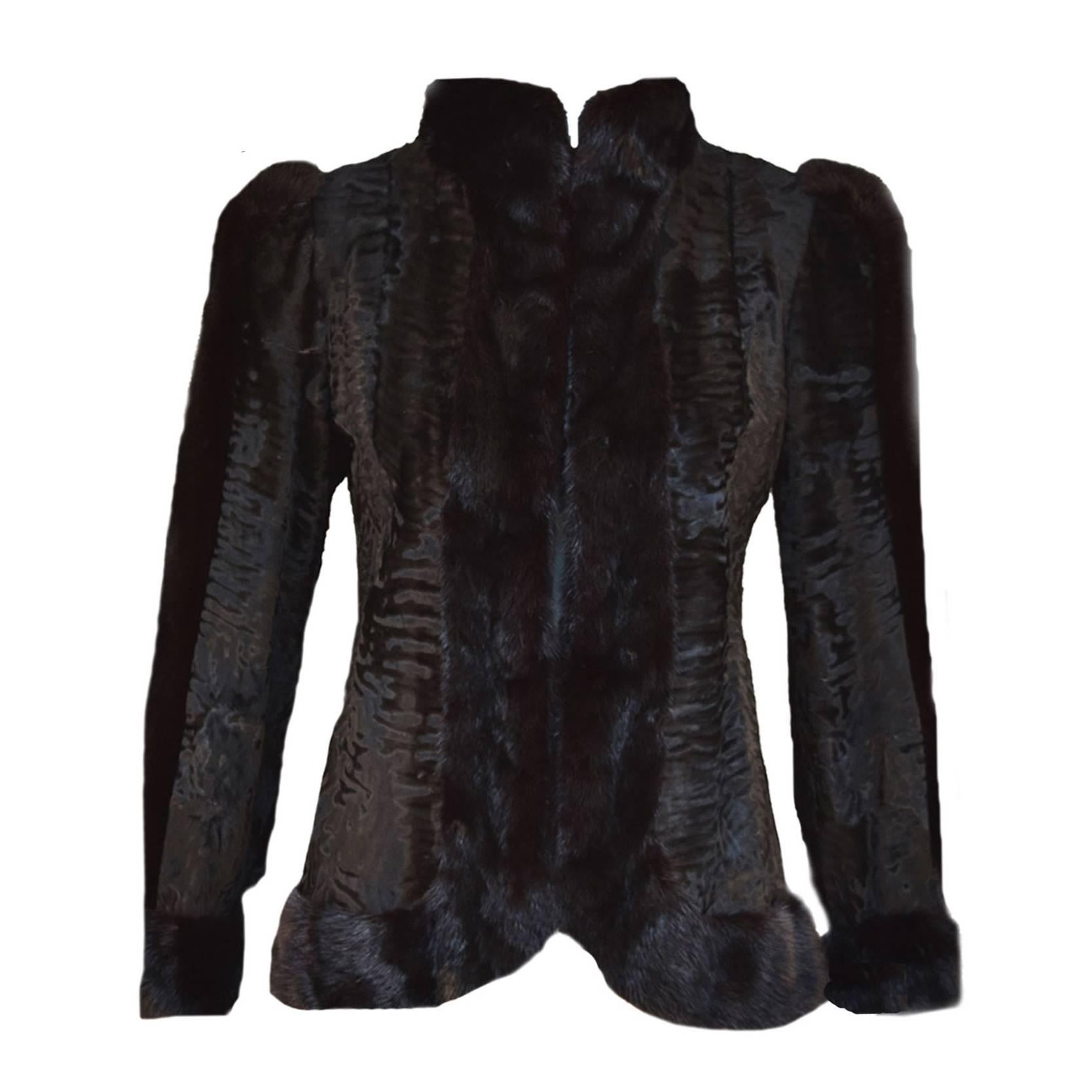 Christian Dior Fur Jacket in Black Swakara Persian Lamb with Black Mink Trim  For Sale