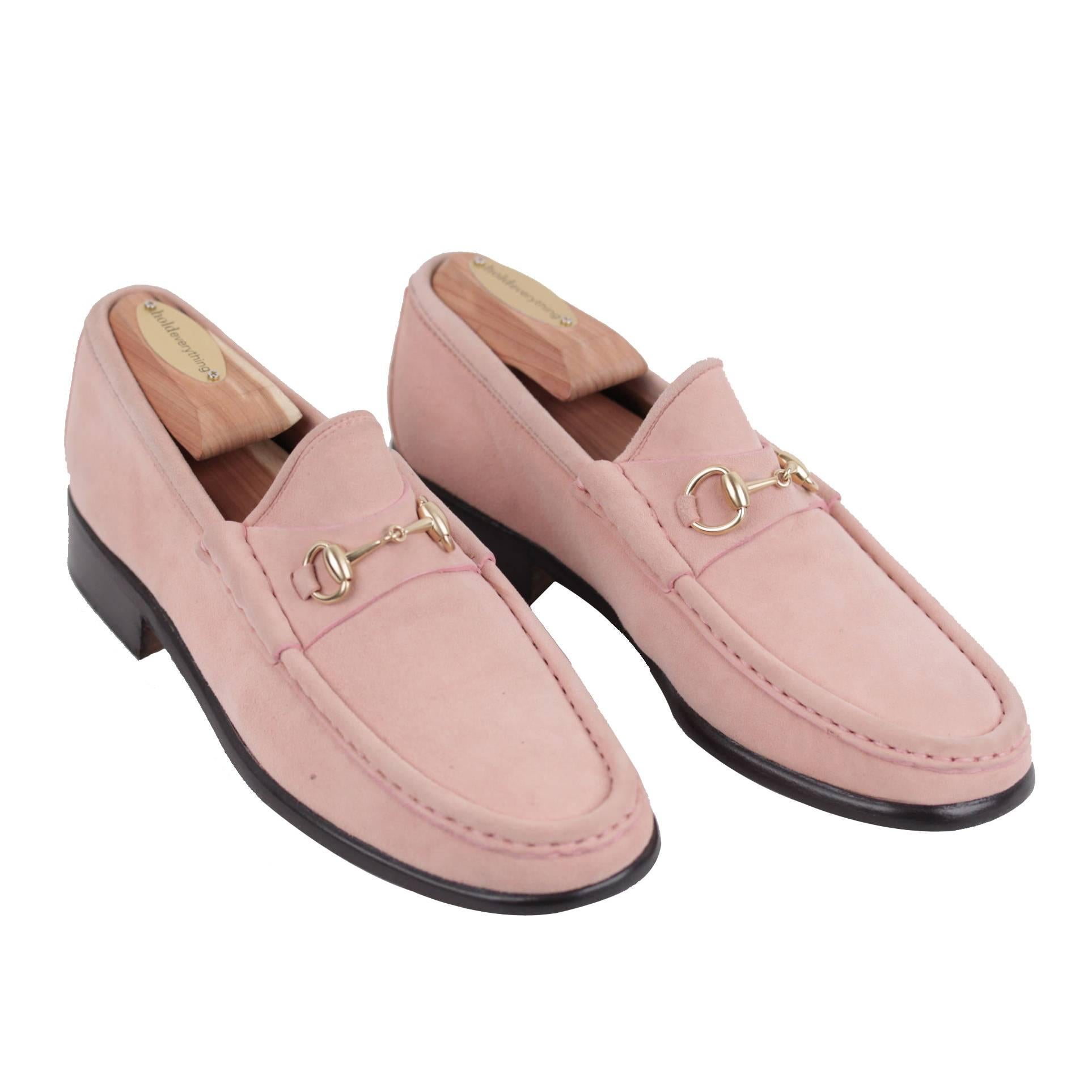 GUCCI Italian VINTAGE Pink Suede LOAFERS Mocassins SHOES w/ HORSEBIT 35 1/2  at 1stDibs | pink suede gucci loafers