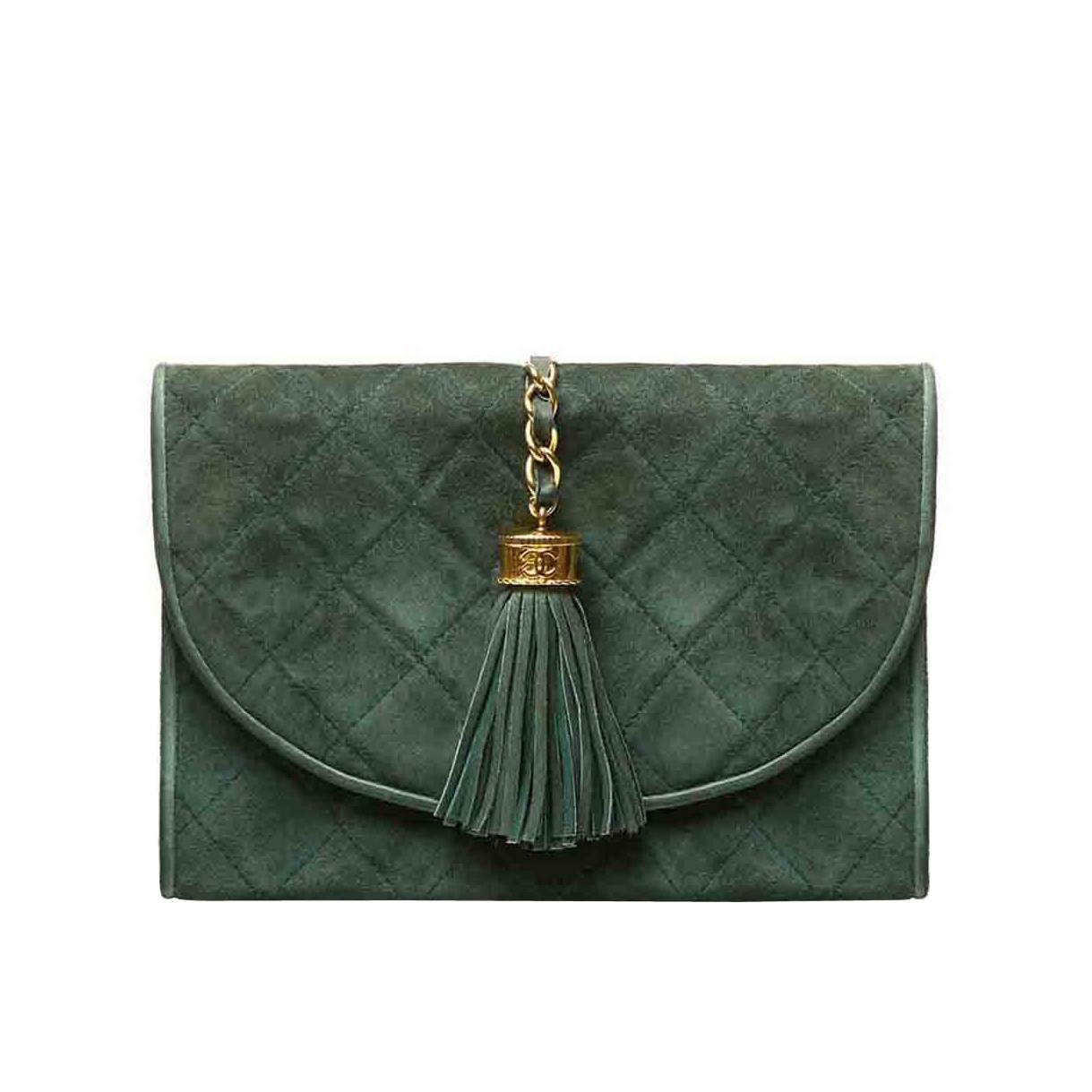 Chanel Green Suede Tassel Clutch