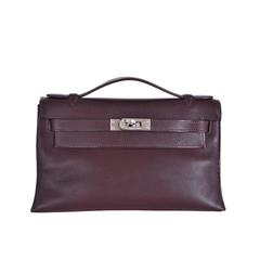 Hermes Chocolate Swift Leather Kelly Pochette Bag Palladium hardware JaneFinds