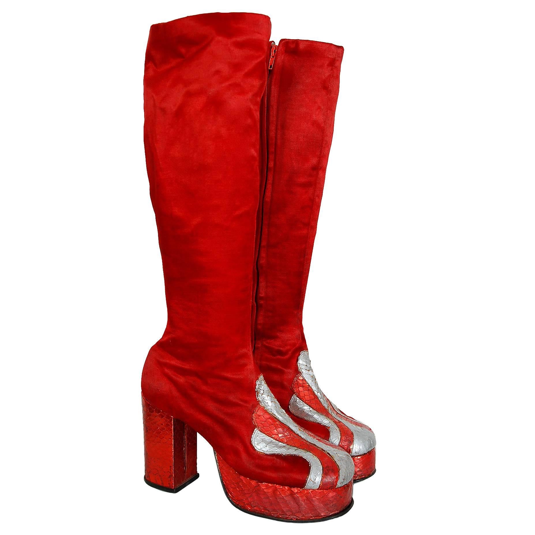 1970's Ruby-Red Satin & Silver Snakeskin Glam-Rock Platform Knee-High Boots 