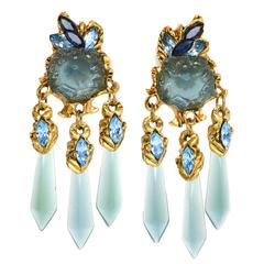 Blue Stone & Crystal Chandelier Clip On Earrings