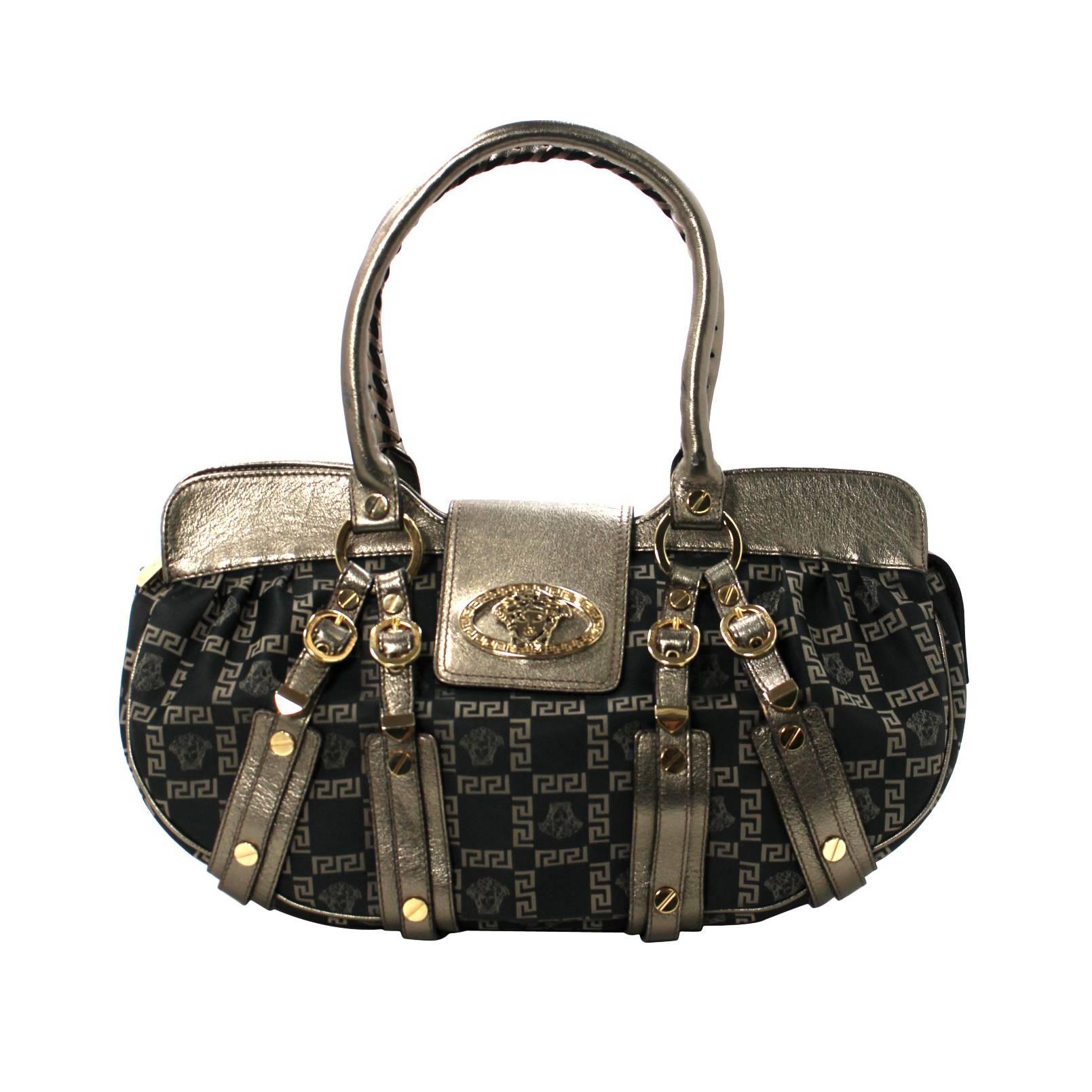 Versace Dark Brown Silk and Gold Leather Shoulder Bag