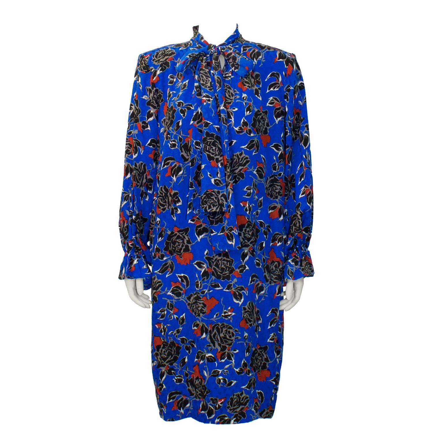 1980's Yves Saint Laurent YSL Jacquard Silk Print Dress