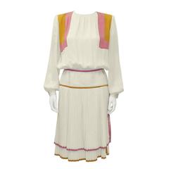 1980's Valentino Cream and Pink Dress with Pleated Skirt