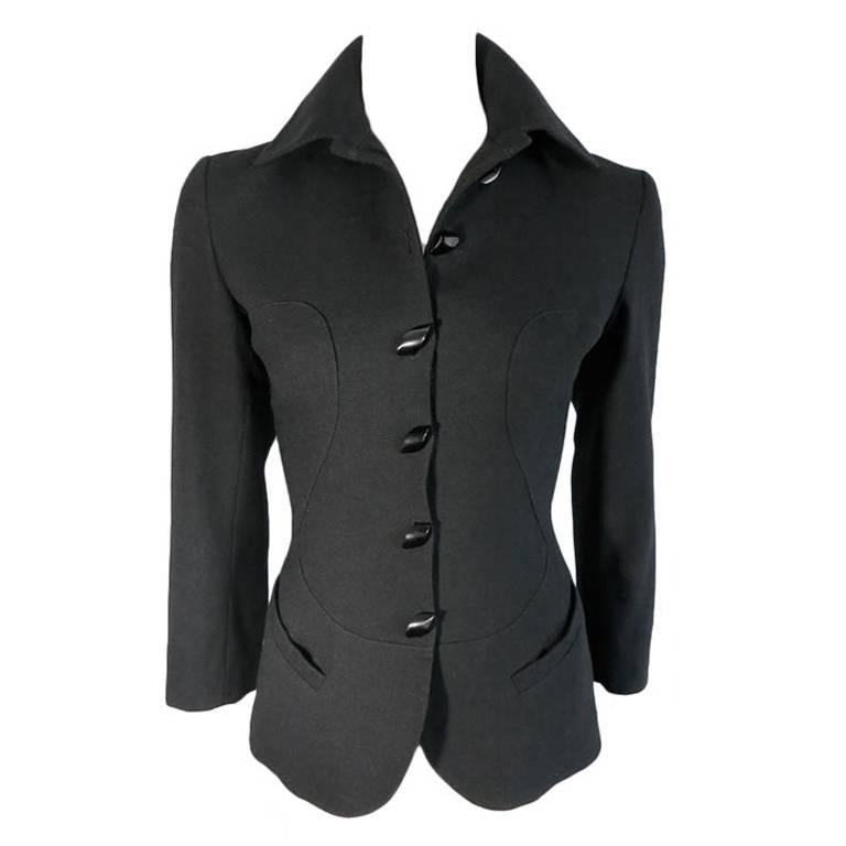 Vintage AZZEDINE ALAIA 1980's Black wool curved seam blazer For Sale