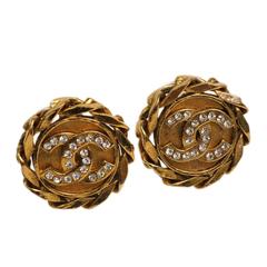 Chanel Vintage Gold and Rhinestone CC Earrings