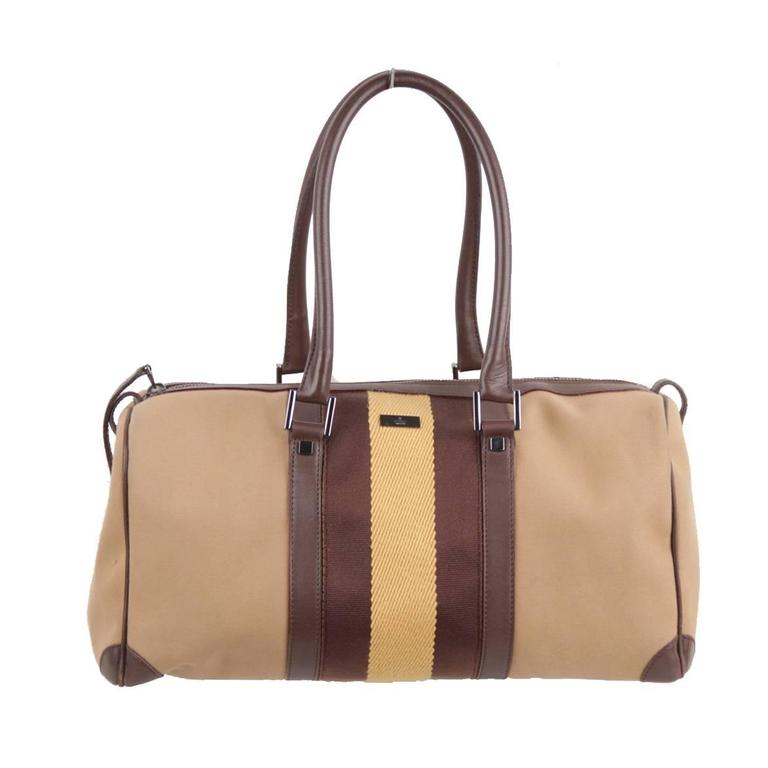 Gucci Italian Tan Canvas Boston Bag Handbag Tote with Brown and Yellow