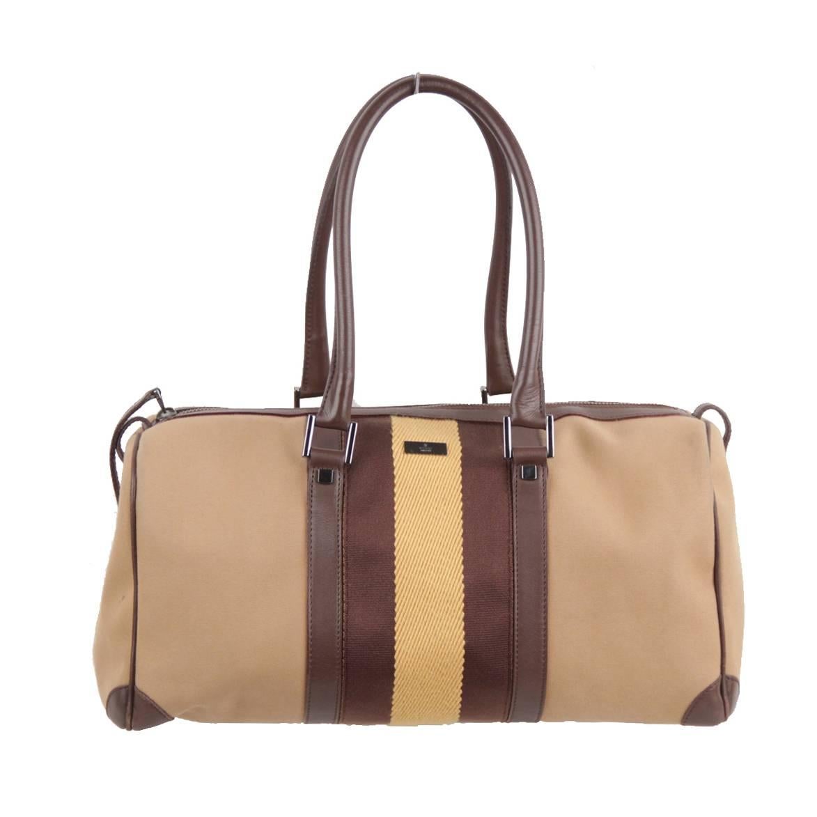 Gucci Italian Tan Canvas Boston Bag Handbag Tote with Brown and Yellow Stripes