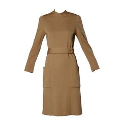 Norman Norell 1960s Vintage Camel Silk + Wool Knit Dress with Belt
