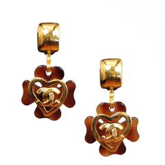 Chanel Tortoise and Gold Heart Earrings 