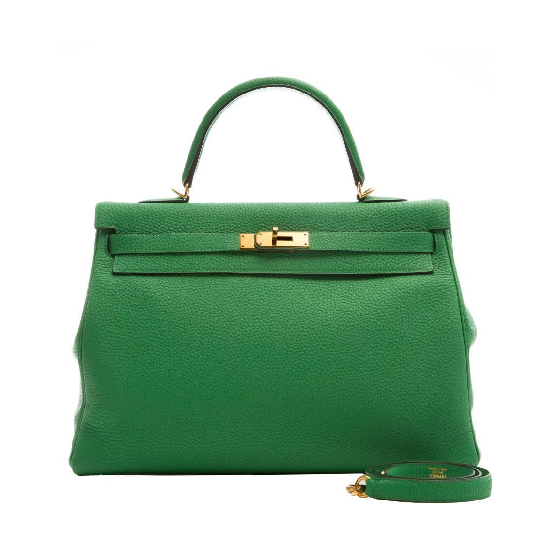 Hermes Kelly Bamboo Green Bag 35cm at 1stdibs