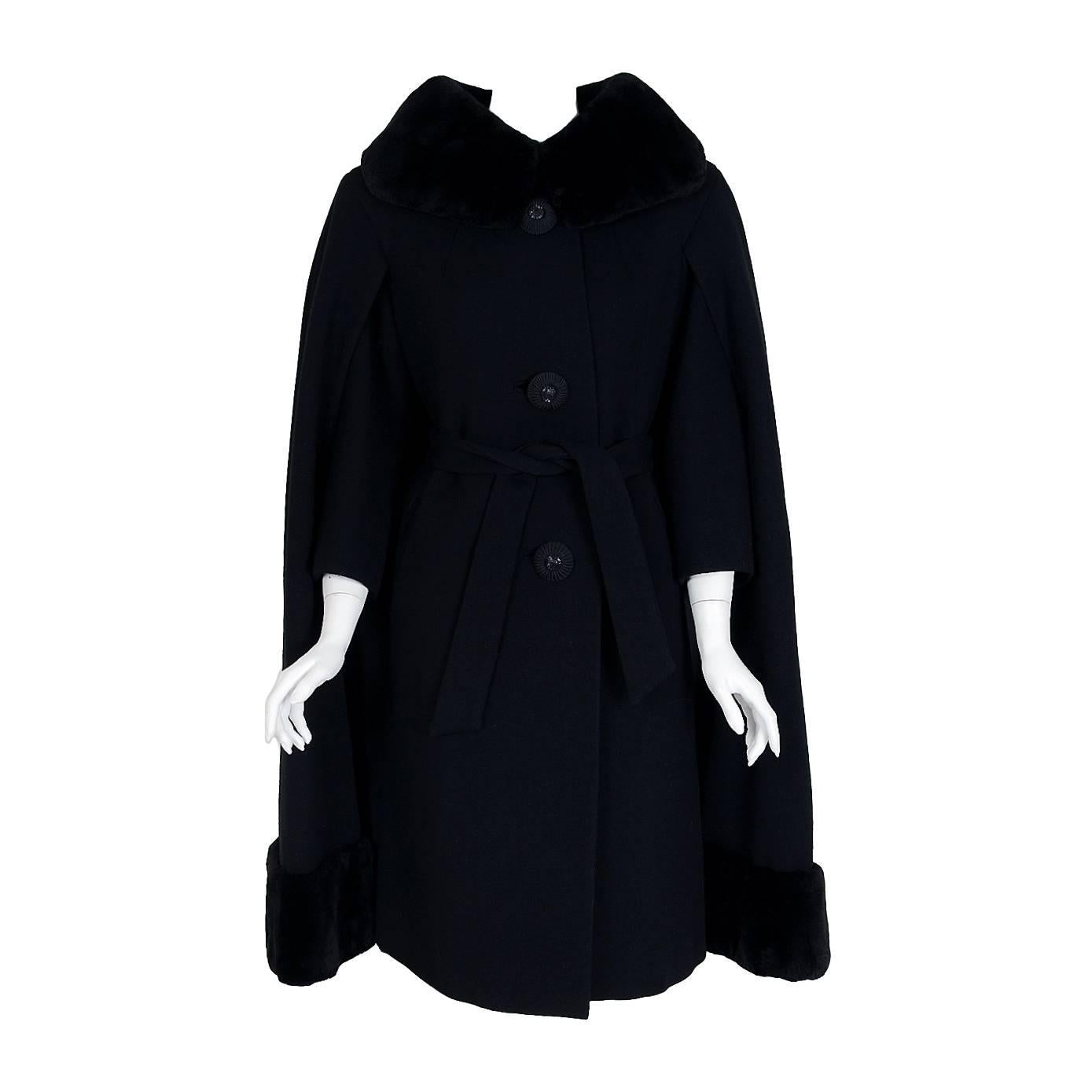 1960's Luxurious Black Wool & Genuine Sheared Beaver-Fur Belted Mod Cape Coat