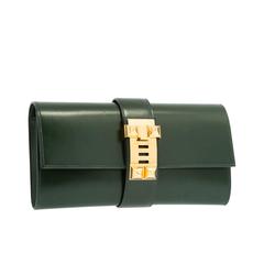 Hermes 23cm Vert Fonce Calf Box Leather Medor Clutch Bag with Gold Hardware