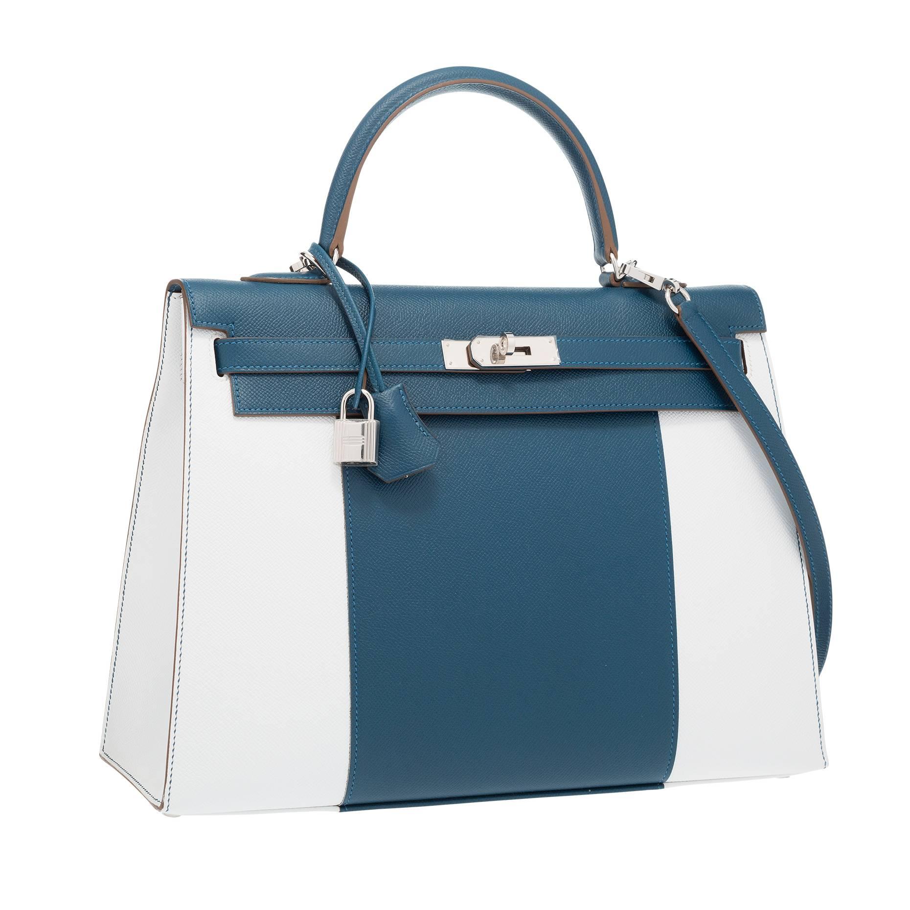 Hermes 35cm Blue Thalassa & White Epsom Leather Sellier Flag Kelly Bag