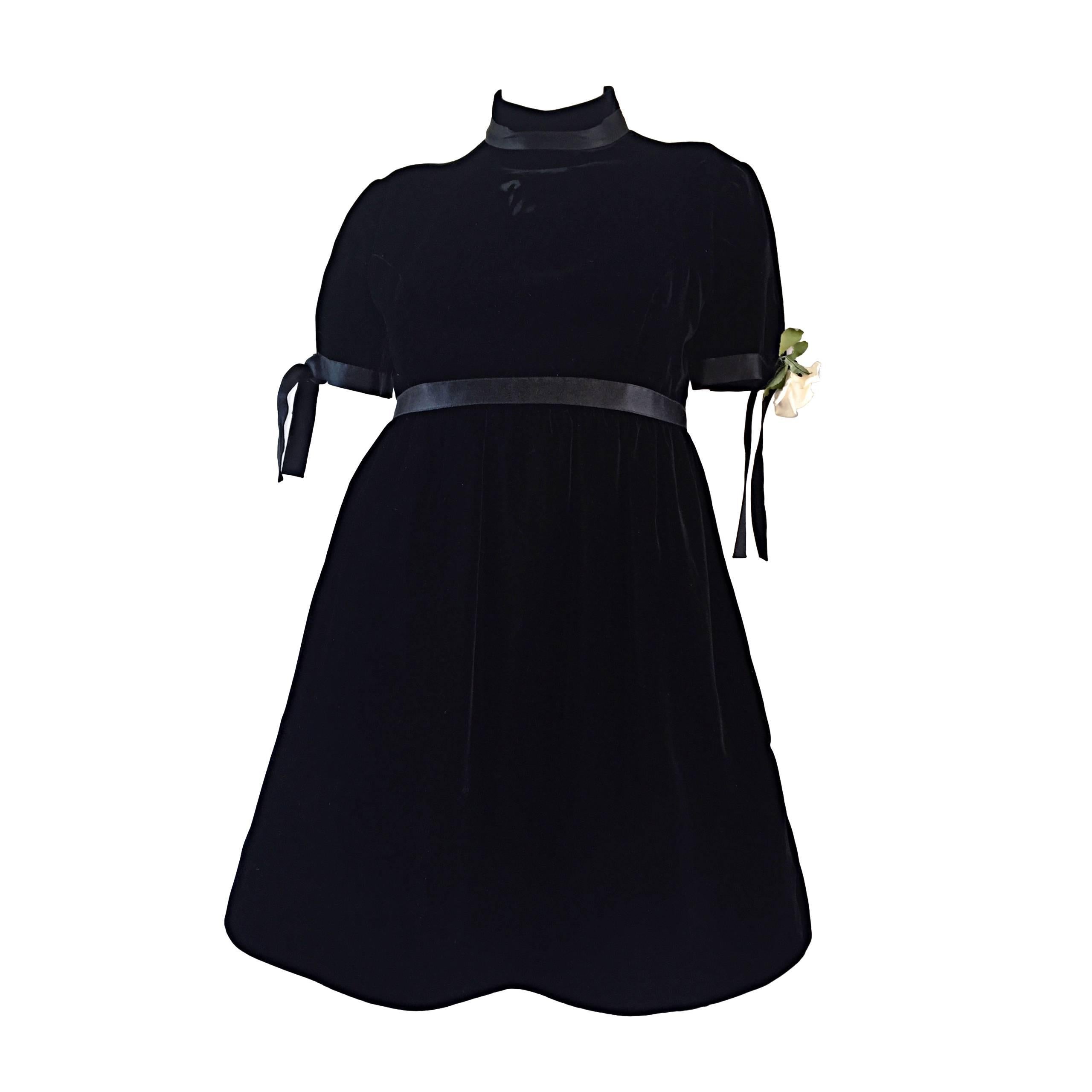 1960s Geoffrey Beene Vintage Black Velvet Empire Waist Trapeze Dress w/ Corsage