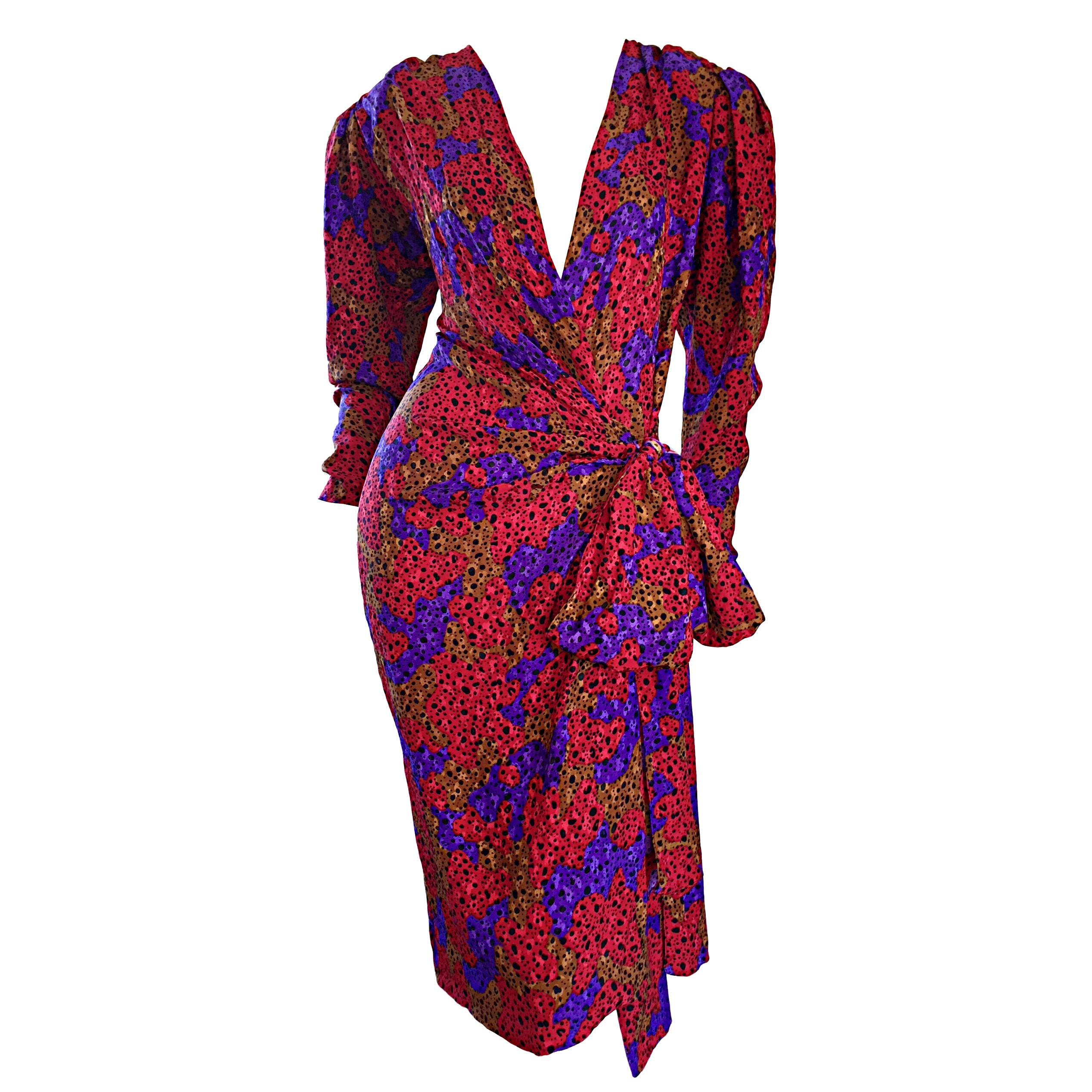 Incredible Vintage Yves Saint Laurent " Rive Gauche " Leopard Silk Wrap Dress 