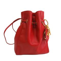 Retro Christian Dior Red Leather Gold Charm Hardware Mini Drawstring Bucket Bag