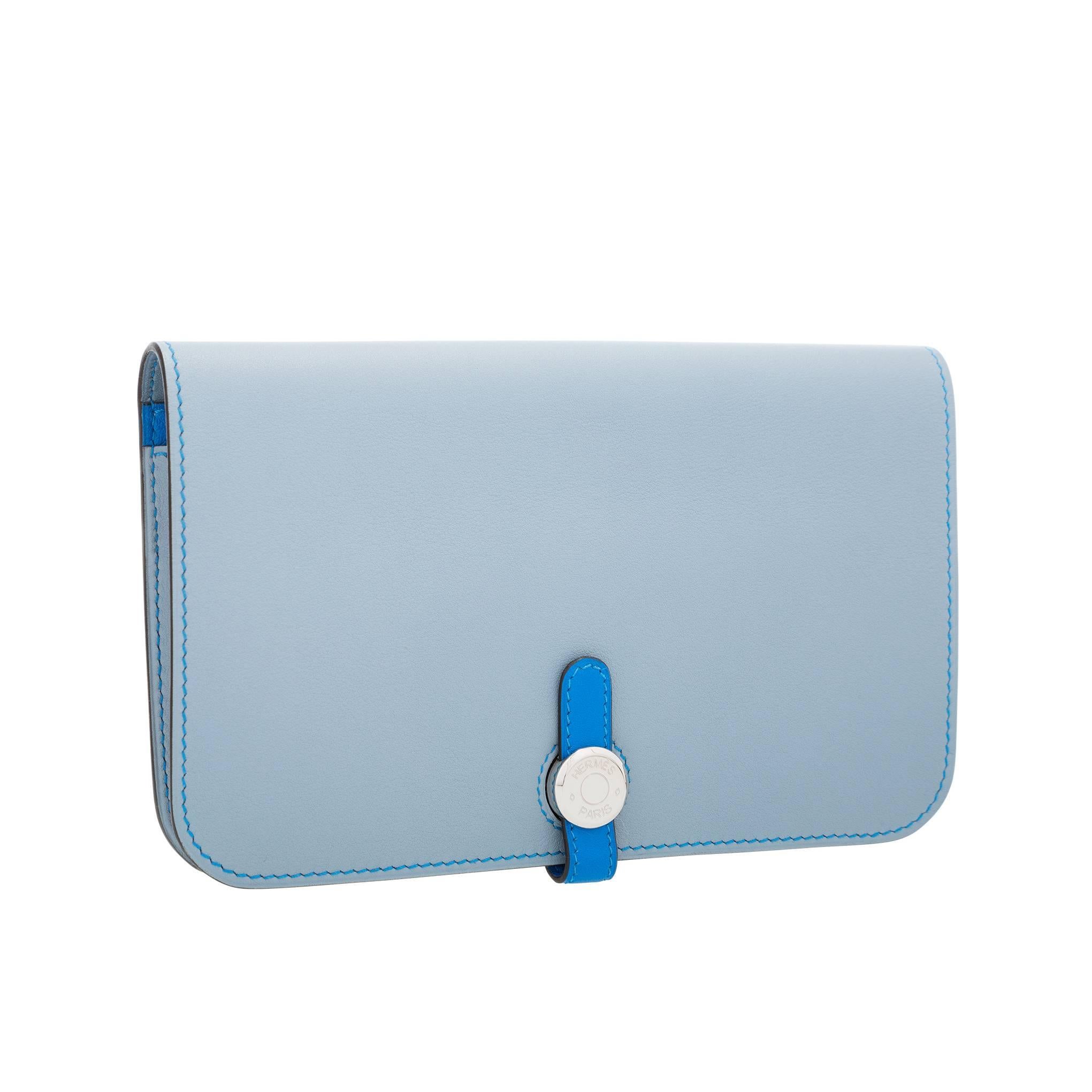 Hermes Blue Lin & Mykonos Swift Leather Dogon Wallet with Palladium Hardware For Sale